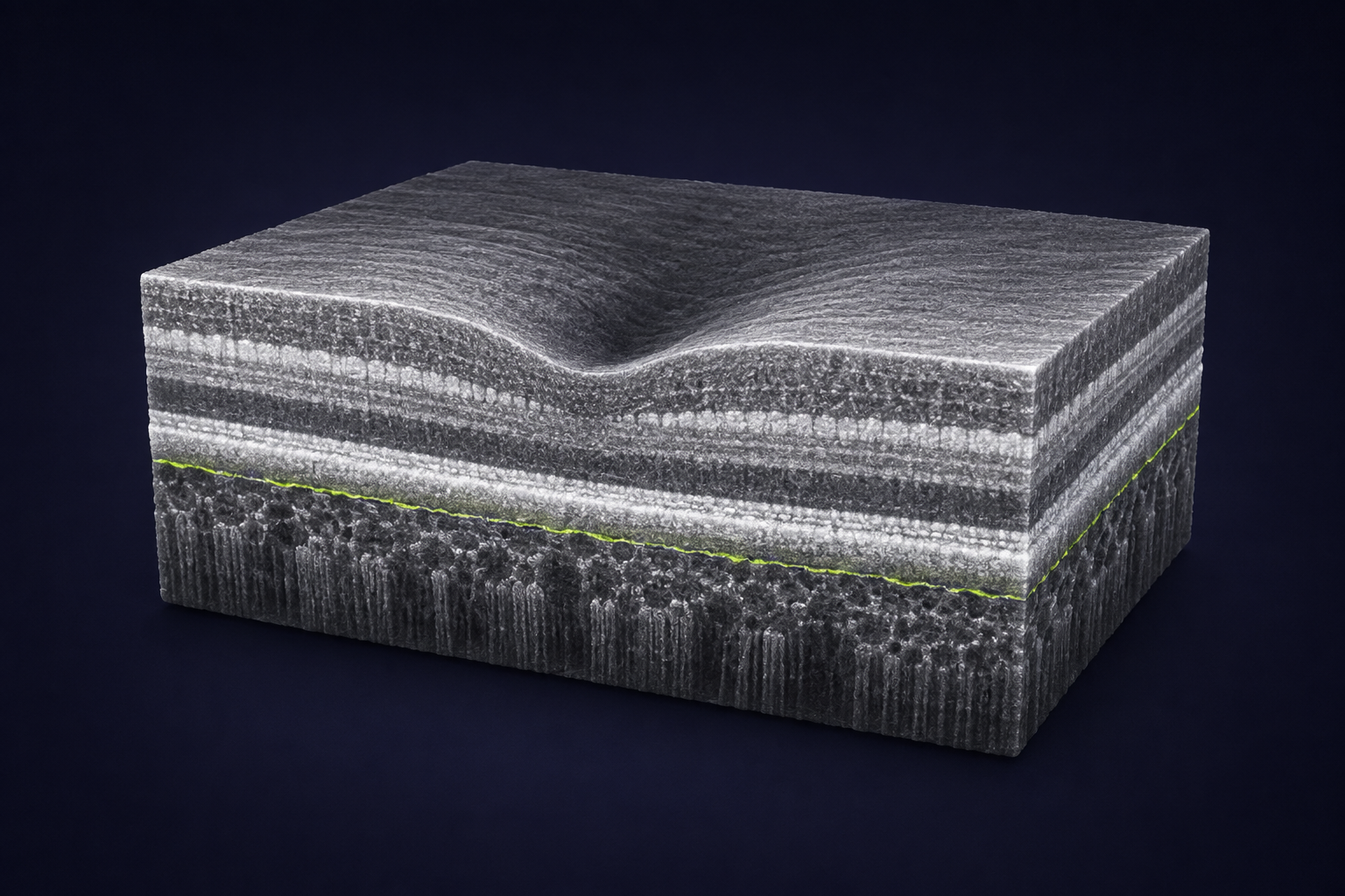 Illustrative 3D retinal OCT reconstruction showing layered tissue and a central foveal depression; not a patient scan.